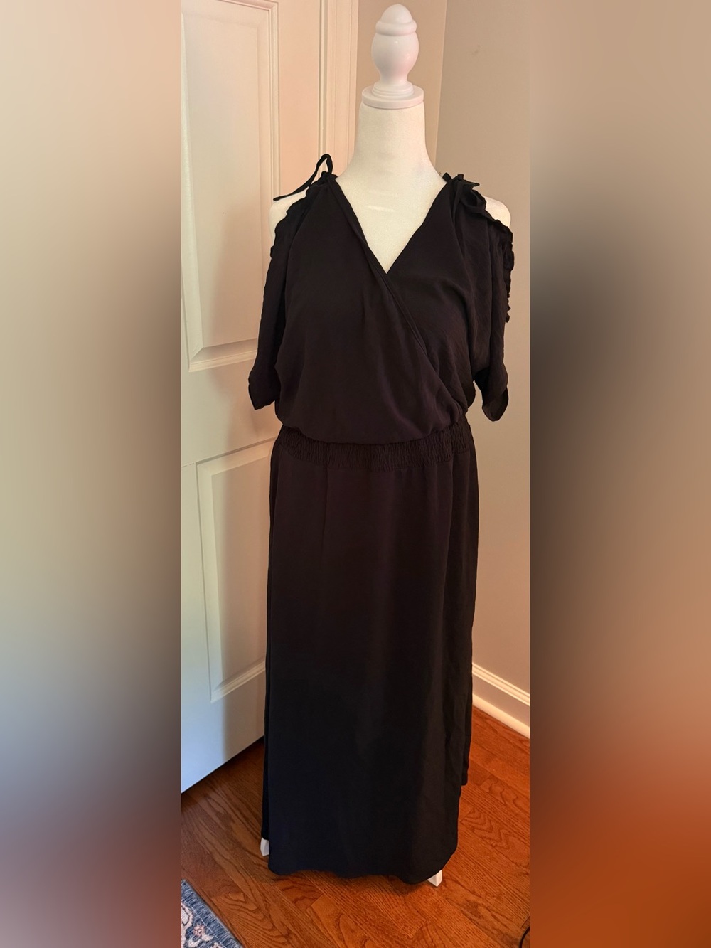 Black Cold-Shoulder Midi Dress with Elastic Waist